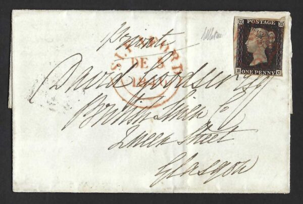 QV 1d Penny Black (B-C) plate 3 on 1840 cover