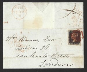 QV 1d Penny Black (H-I) plate 3 on 1840 front to Fenchurch Street, London