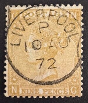 QV sg110 9d straw (N-G) Plate 4 with fine 1872 Liverpool cds