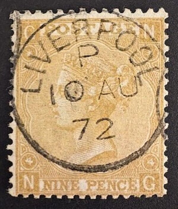 QV sg110 9d straw (N-G) Plate 4 with fine 1872 Liverpool cds