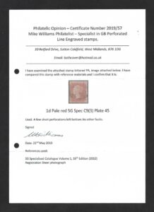 QV sg38 1d pale red Spec C9(3) Plate 45 – fine used with certificate