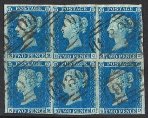 QV SG14 2d blue Plate 4 block (RB-SD) with York 930 cancels