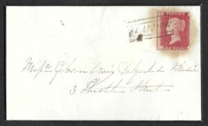 QV 1d red tied with Type V ELM ROW cancel on 1858 mourning cover