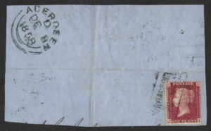QV 1d red tied with boxed BROADFORD REC OFFICE on 1858 piece