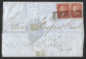 QV 1d red pair tied with Type VII HANOVER STREET cancel on 1857 wrapper