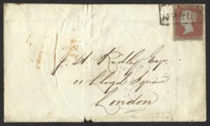 QV 1d red tied with QUEEN STREET cancel in black on 1855 cover to London