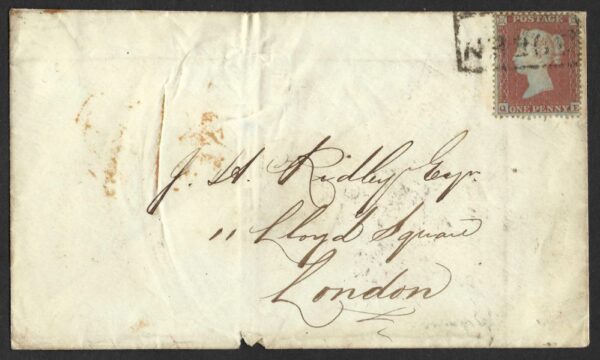 QV 1d red tied with QUEEN STREET cancel in black on 1855 cover to London