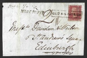 QV 1d red tied with Type VIII boxed OLD KILPATRICK cancel on 1859 front