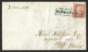 QV 1d red tied with Type VIII boxed OLD KILPATRICK in blue cancel on 1857 cover to Paisley