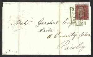 QV 1d red tied with Type XVIII boxed QUEEN STREET cancel in green on 1856 cover to Paisley