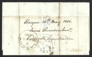 QV 1d red tied with Type XVIII boxed QUEEN STREET cancel in green on 1856 cover to Paisley