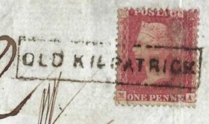 QV 1d red tied with Type VIII boxed OLD KILPATRICK cancel on 1859 front