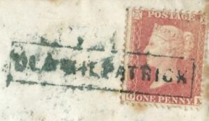 QV 1d red tied with Type VIII boxed OLD KILPATRICK in blue cancel on 1857 cover to Paisley