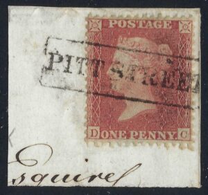 QV 1d red tied with fine boxed PITT STREET cancel on piece