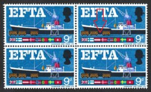 QEII 1967 SG 715 Spec W111(h) “Quay flaw” variety in block – unmounted mint