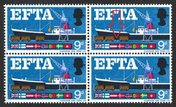 QEII 1967 SG 715 Spec W111(h) “Quay flaw” variety in block – unmounted mint