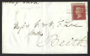 QV 1d red tied with Type VIII KILWINNING cancel on 1855 cover