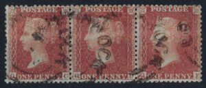 QV 1d red strip cancelled by Type XX LOCHWINNOCK handstamp