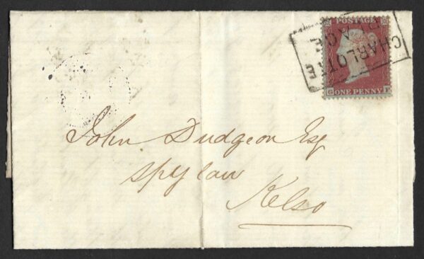 QV 1d red tied with fine boxed CHARLOTTE PLACE cancel on 1854 entire to Kelso
