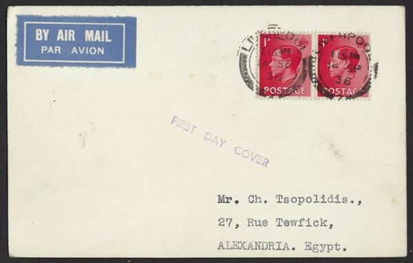 KEVIII 2x sg458 1d scarlet First Day of Issue postcard to Alexandria