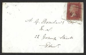 QV 1d red tied with Type XIII ELM ROW cancel on 1855 cover