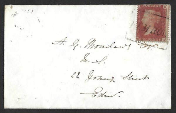 QV 1d red tied with Type XIII ELM ROW cancel on 1855 cover