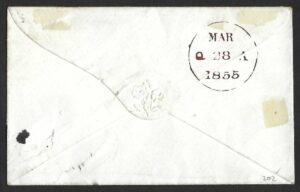 QV 1d red tied with Type XIII ELM ROW cancel on 1855 cover