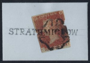 QV 1d red tied with straight-line STRATHMIGLOW and AUCHTERMUCHTY maltese cross on piece