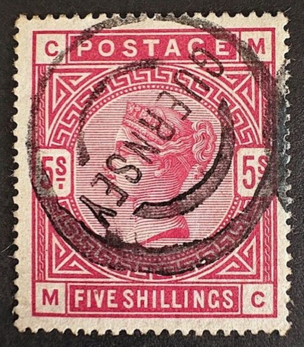 QV sg180 5/- rose (M-C) with fine Guernsey parcel post handstamp