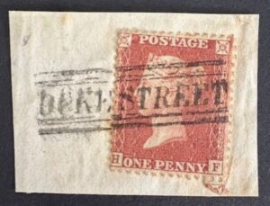 QV 1d red tied with fine DUKE STREET cancel on piece