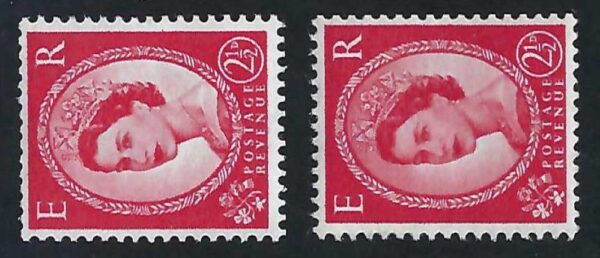 QEII sg574e (Type I) and sg574g (Type II) 2½d carmine red (wmk sideways) - unmounted mint