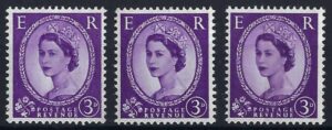 QEII 1960 Phosphor issue sg615c (right band) sg615ca (left band) and sg615e (centre band) - U/M trio