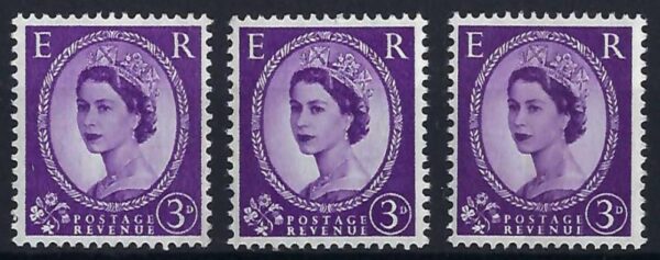 QEII 1960 Phosphor issue sg615c (right band) sg615ca (left band) and sg615e (centre band) - U/M trio