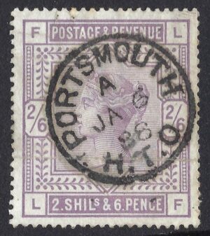 QV sg178 2s6d lilac (L-F) with 1888 Portsmouth cds