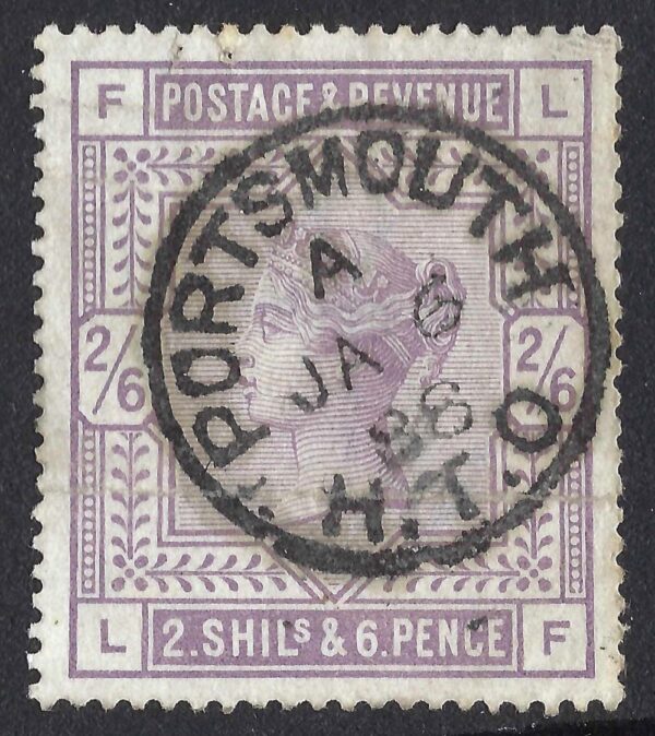 QV sg178 2s6d lilac (L-F) with 1888 Portsmouth cds