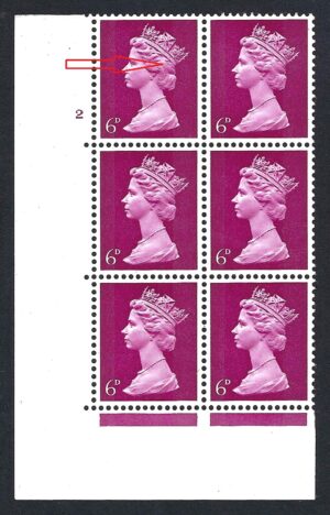 QEII sg736 U18(b) hair flaw (R 18/1) 6d definitive block Cyl 2 no dot - U/M