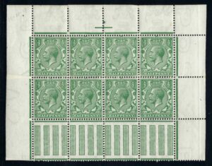 KGV SG351 ½d green part reconstruction block of 8