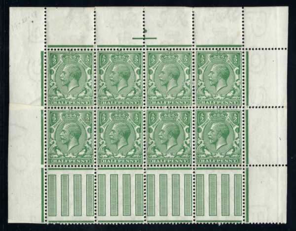 KGV SG351 ½d green part reconstruction block of 8