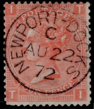 QV sg94 4d vermilion (T-I) plate 12 with fine 1872 Newport Docks cds