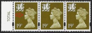 Wales sgW70 19p bistre (1cb) strip showing gradual erosion of Queens face - U/M