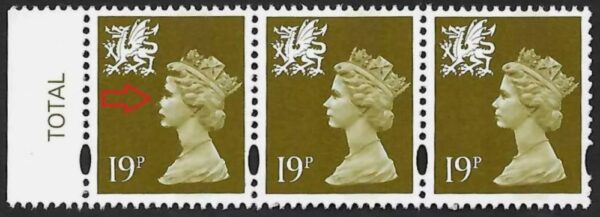 Wales sgW70 19p bistre (1cb) strip showing gradual erosion of Queens face - U/M