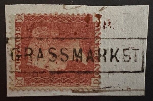 QV 1d red tied with fine boxed GRASSMARKET cancel on piece