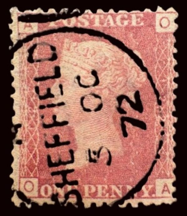 QV sg43 1d red (O-A) plate 122 with fine 1872 Sheffield cds