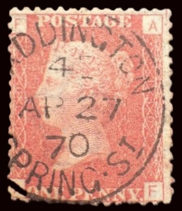 QV sg43 1d red (A-F) plate 130 with fine 1870 Paddington, Spring St cds