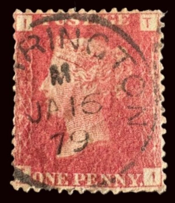 QV sg43 1d red (T-I) plate 216 with fine 1879 Warrington cds